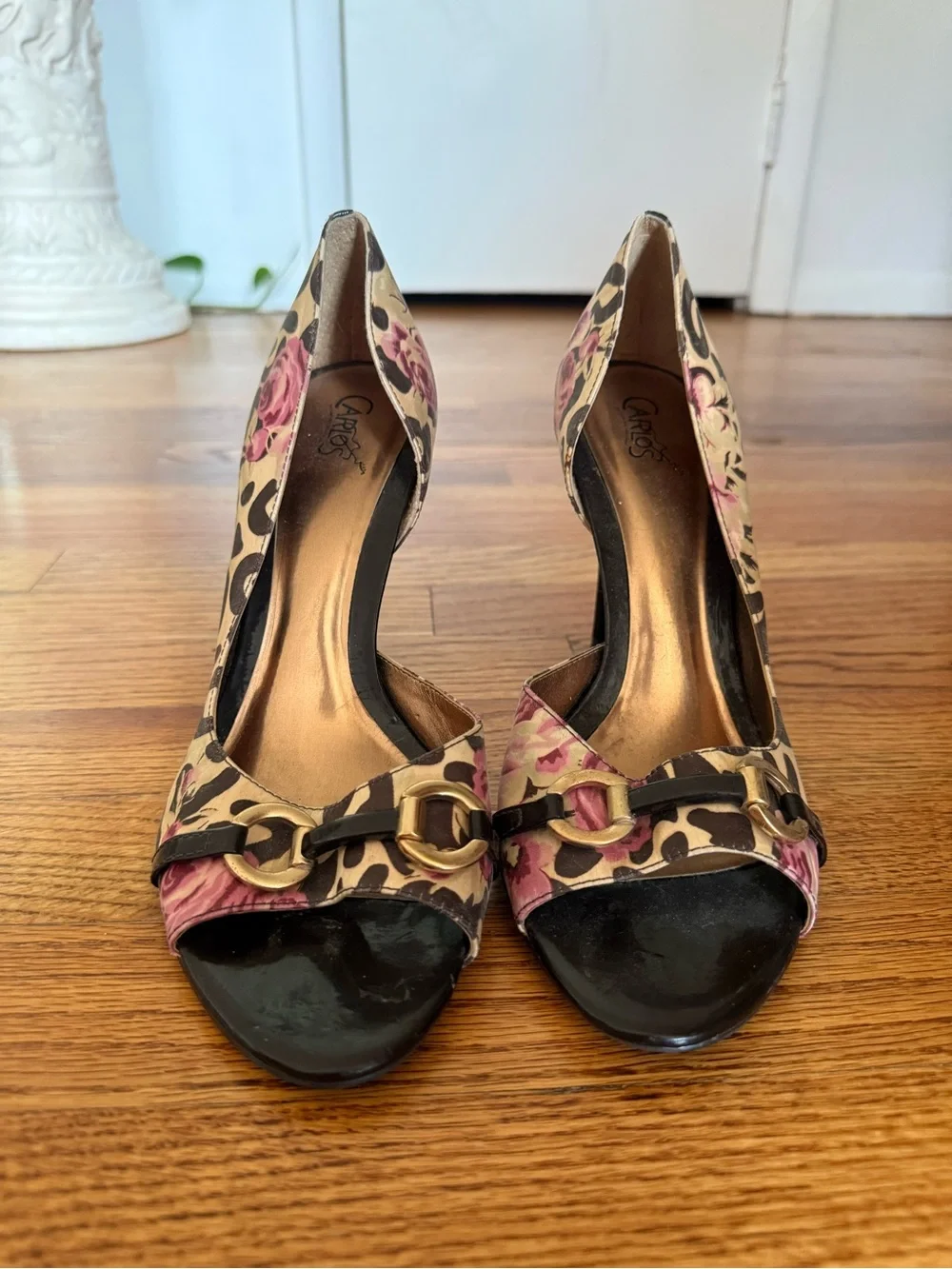 Carlos Santana Leopard Print Open-Toe Pumps with Pink Rose Accent